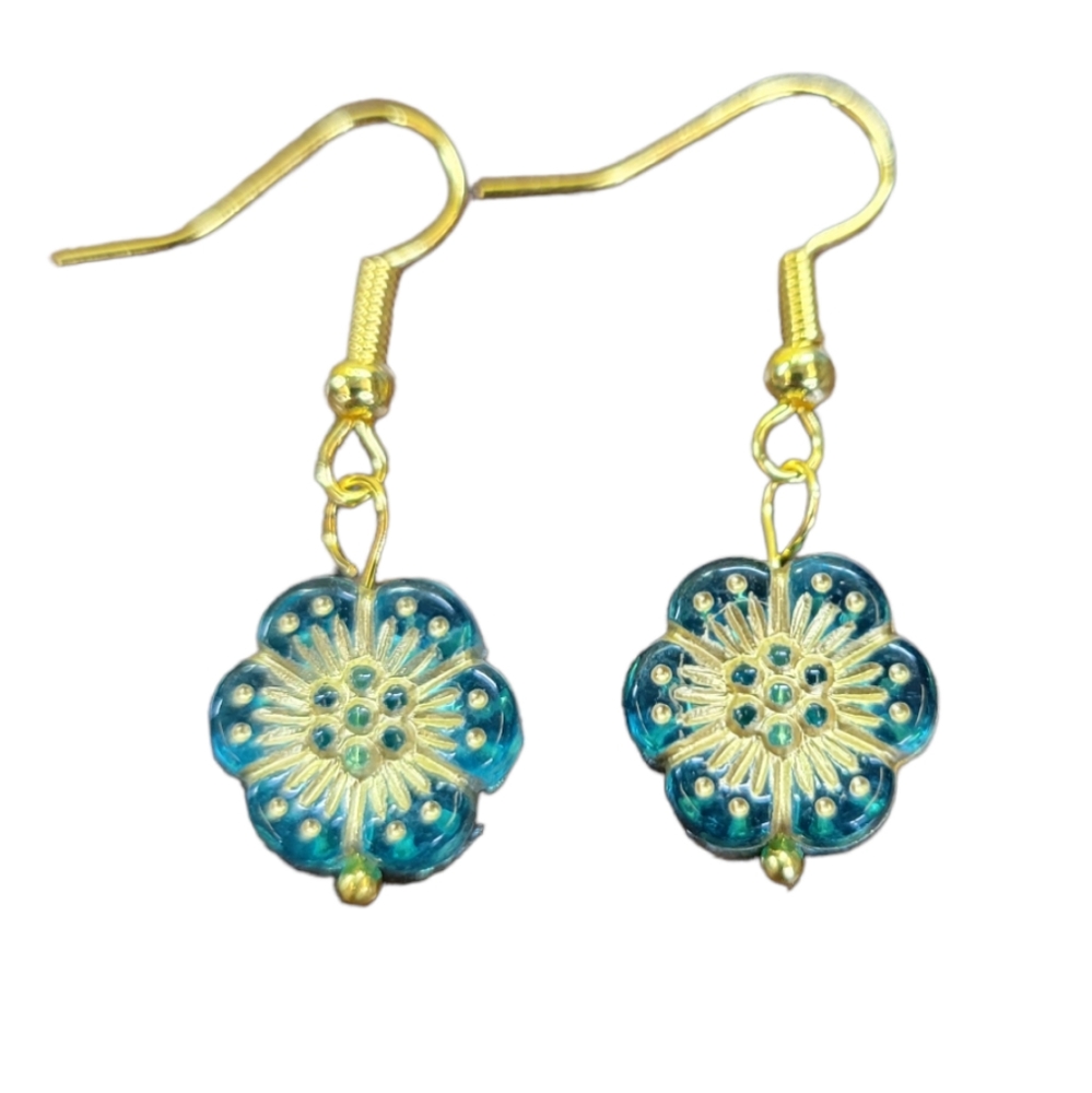 Blue and gold flower earrings